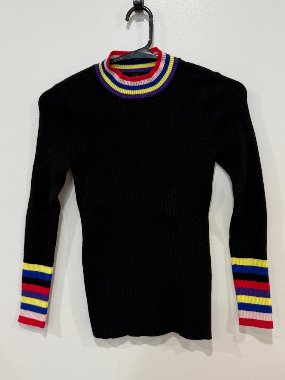 Black Ribbed Sweater with Multi-Color Striped Neck